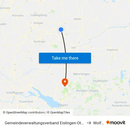 Gemeindeverwaltungsverband Eislingen-Ottenbach-Salach to Wolfegg map