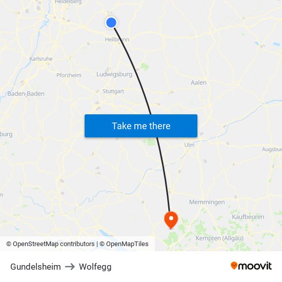 Gundelsheim to Wolfegg map