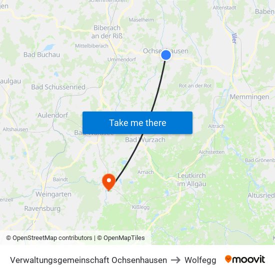 Verwaltungsgemeinschaft Ochsenhausen to Wolfegg map