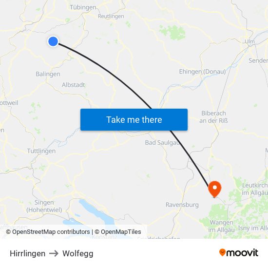 Hirrlingen to Wolfegg map