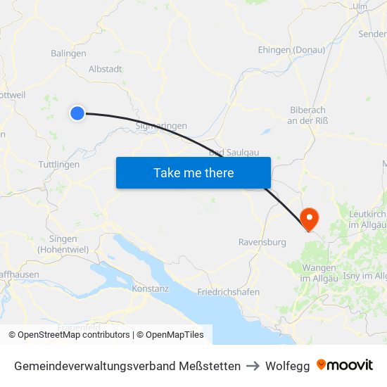 Gemeindeverwaltungsverband Meßstetten to Wolfegg map