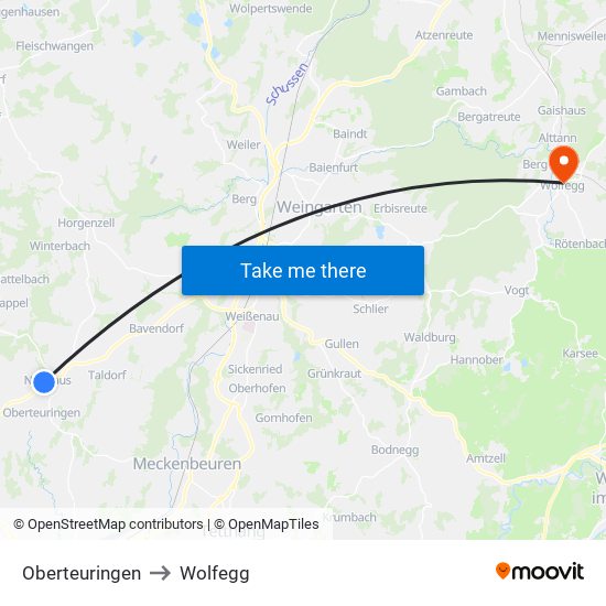 Oberteuringen to Wolfegg map