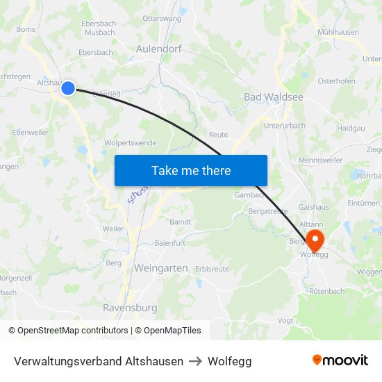 Verwaltungsverband Altshausen to Wolfegg map