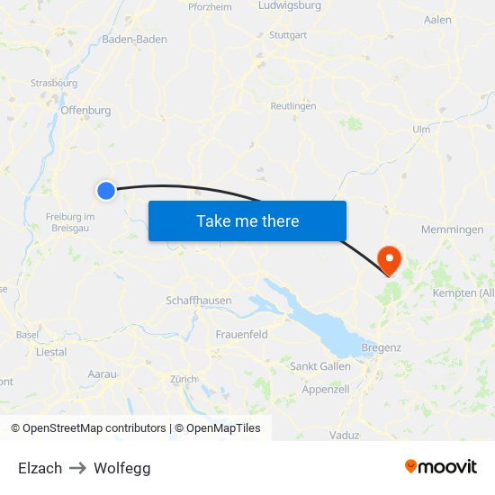 Elzach to Wolfegg map