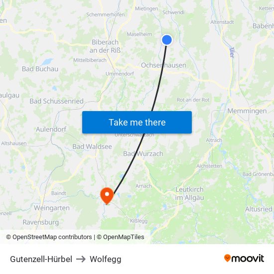 Gutenzell-Hürbel to Wolfegg map