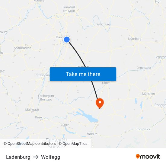 Ladenburg to Wolfegg map
