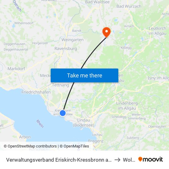 Verwaltungsverband Eriskirch-Kressbronn am Bodensee-Langenargen to Wolfegg map