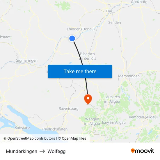 Munderkingen to Wolfegg map