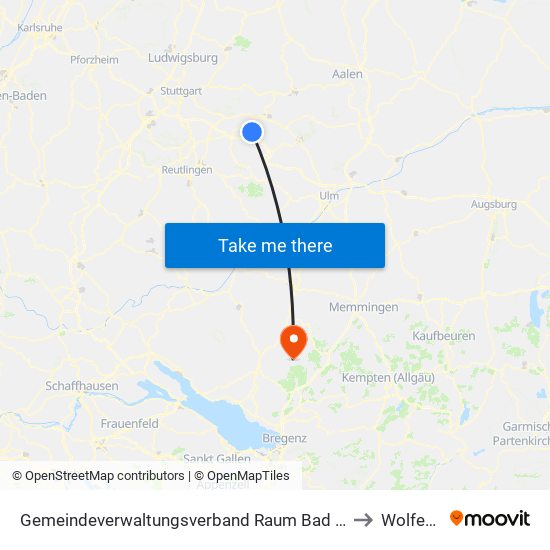 Gemeindeverwaltungsverband Raum Bad Boll to Wolfegg map