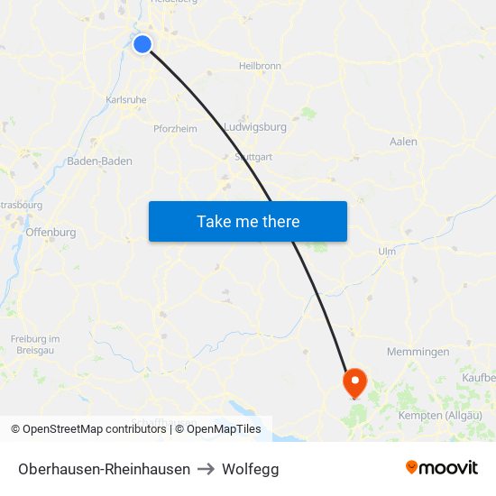 Oberhausen-Rheinhausen to Wolfegg map