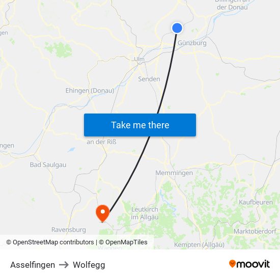 Asselfingen to Wolfegg map