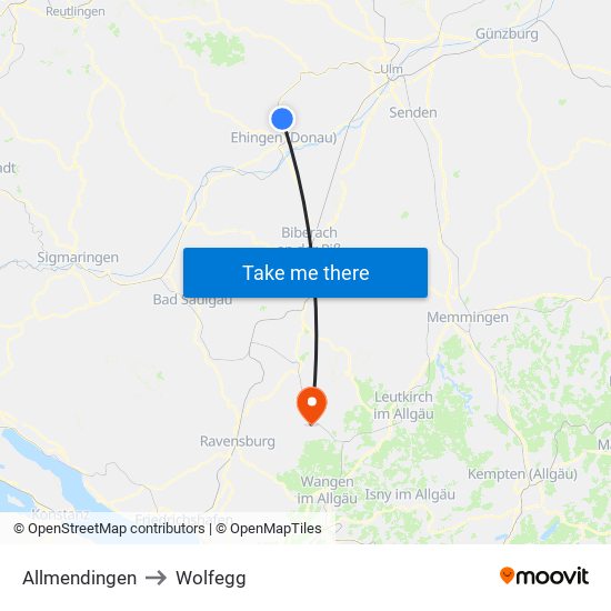 Allmendingen to Wolfegg map