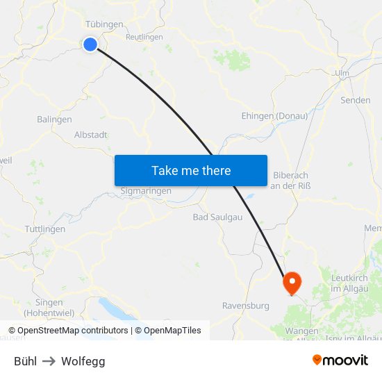 Bühl to Wolfegg map