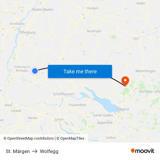 St. Märgen to Wolfegg map