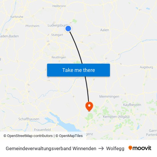 Gemeindeverwaltungsverband Winnenden to Wolfegg map