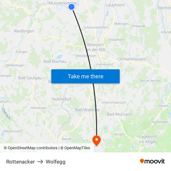 Rottenacker to Wolfegg map
