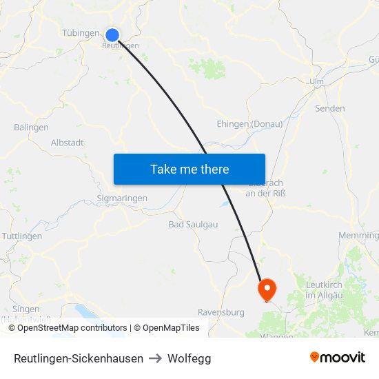 Reutlingen-Sickenhausen to Wolfegg map