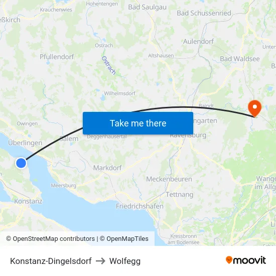 Konstanz-Dingelsdorf to Wolfegg map