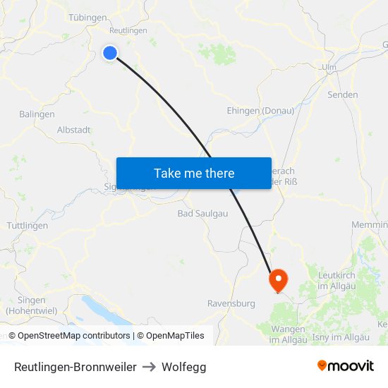 Reutlingen-Bronnweiler to Wolfegg map