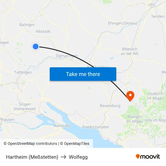 Hartheim (Meßstetten) to Wolfegg map