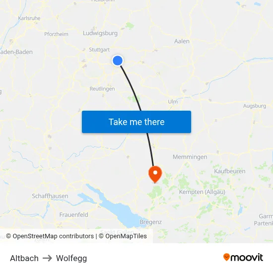 Altbach to Wolfegg map