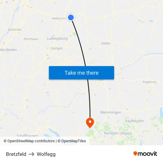 Bretzfeld to Wolfegg map
