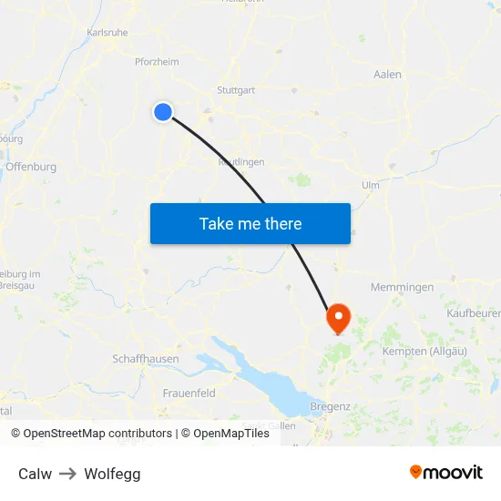 Calw to Wolfegg map