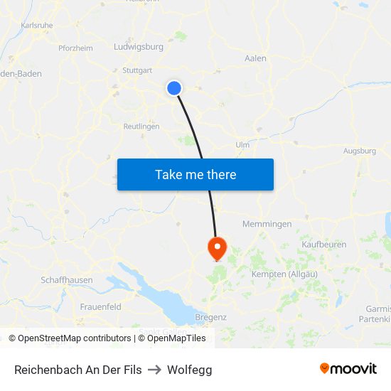 Reichenbach An Der Fils to Wolfegg map
