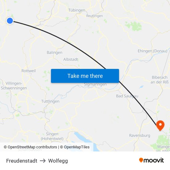 Freudenstadt to Wolfegg map