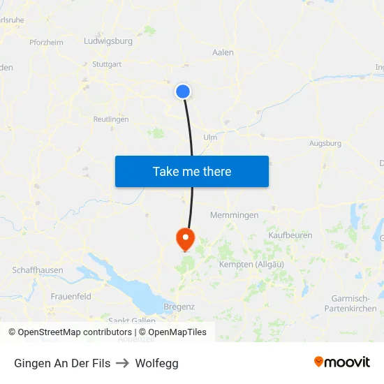 Gingen An Der Fils to Wolfegg map