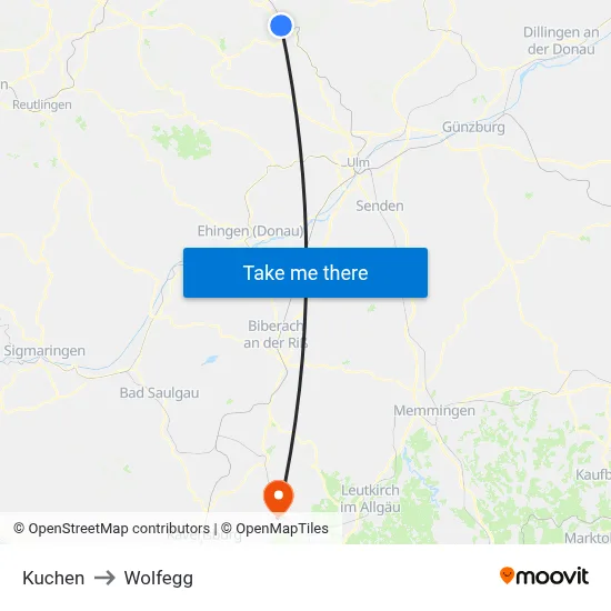 Kuchen to Wolfegg map
