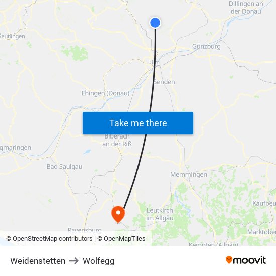 Weidenstetten to Wolfegg map