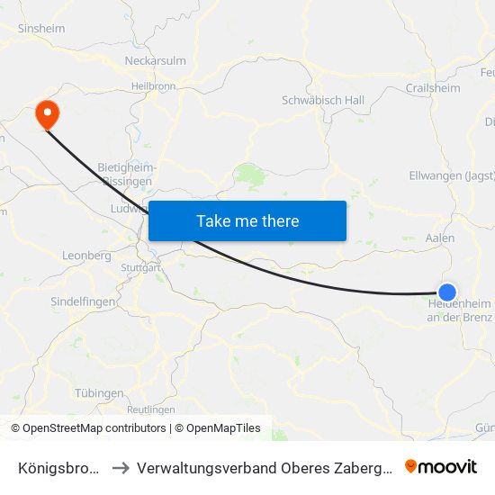 Königsbronn to Verwaltungsverband Oberes Zabergäu map