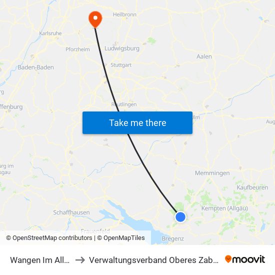 Wangen Im Allgäu to Verwaltungsverband Oberes Zabergäu map