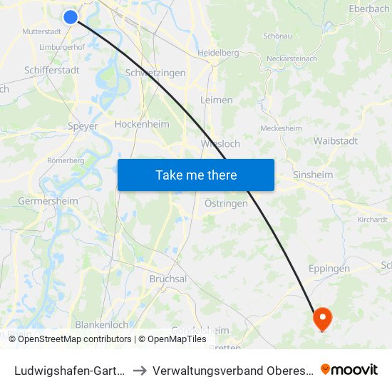 Ludwigshafen-Gartenstadt to Verwaltungsverband Oberes Zabergäu map