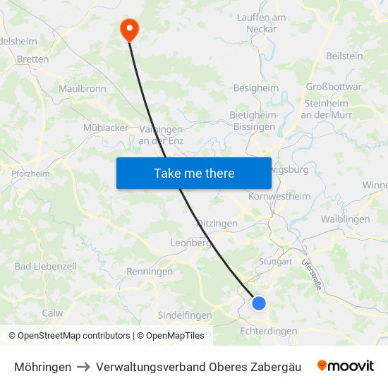 Möhringen to Verwaltungsverband Oberes Zabergäu map