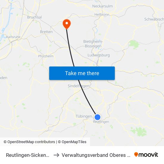Reutlingen-Sickenhausen to Verwaltungsverband Oberes Zabergäu map