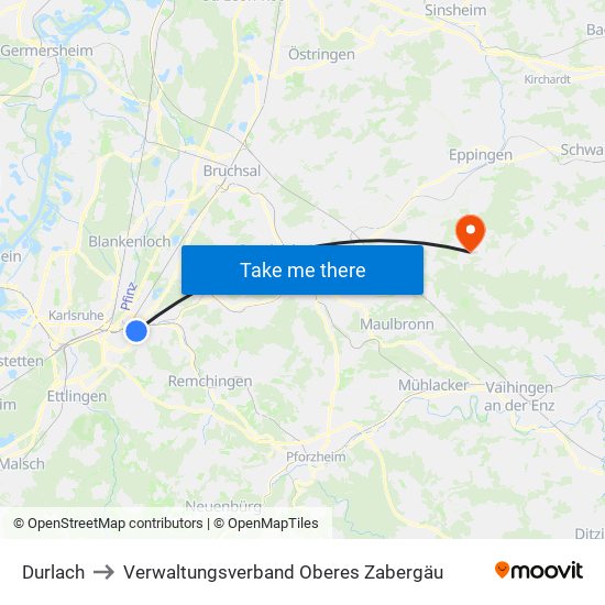 Durlach to Verwaltungsverband Oberes Zabergäu map