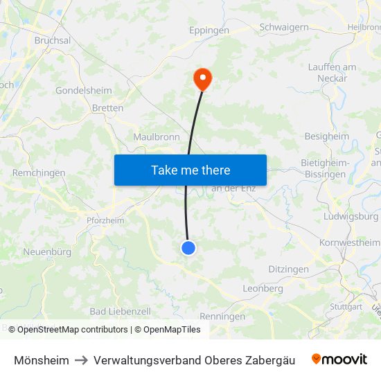 Mönsheim to Verwaltungsverband Oberes Zabergäu map