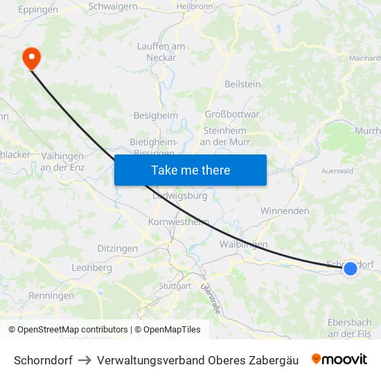 Schorndorf to Verwaltungsverband Oberes Zabergäu map