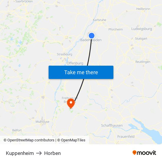 Kuppenheim to Horben map