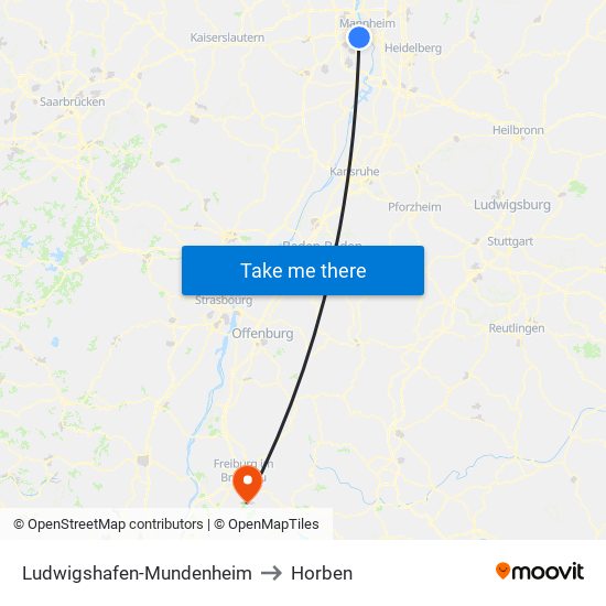 Ludwigshafen-Mundenheim to Horben map