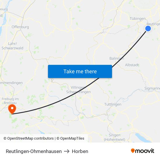 Reutlingen-Ohmenhausen to Horben map