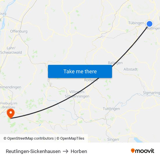 Reutlingen-Sickenhausen to Horben map