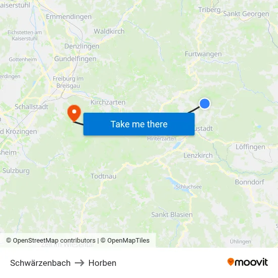 Schwärzenbach to Horben map