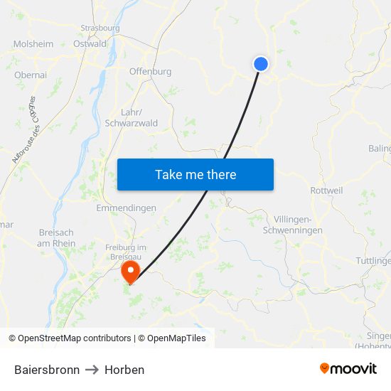 Baiersbronn to Horben map