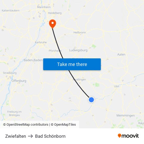Zwiefalten to Bad Schönborn map