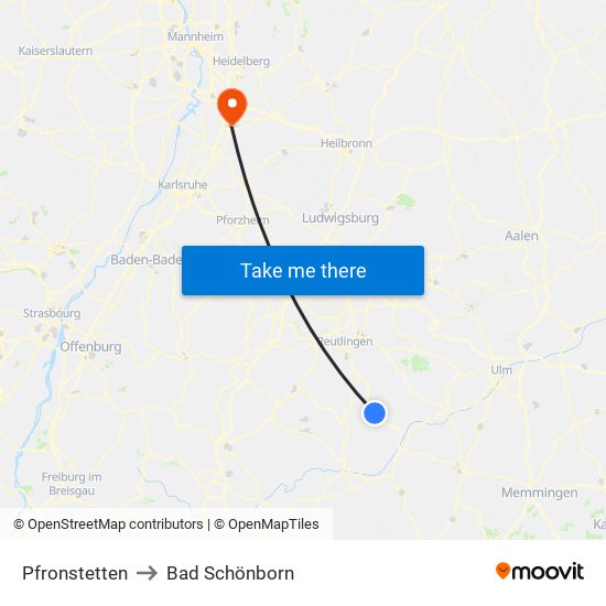 Pfronstetten to Bad Schönborn map