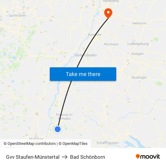 Gvv Staufen-Münstertal to Bad Schönborn map