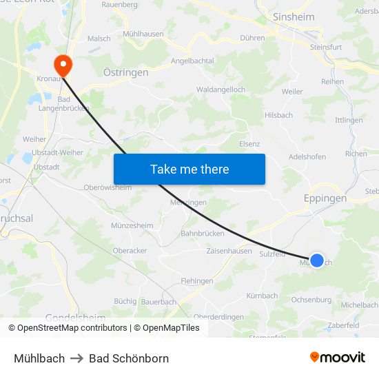 Mühlbach to Bad Schönborn map